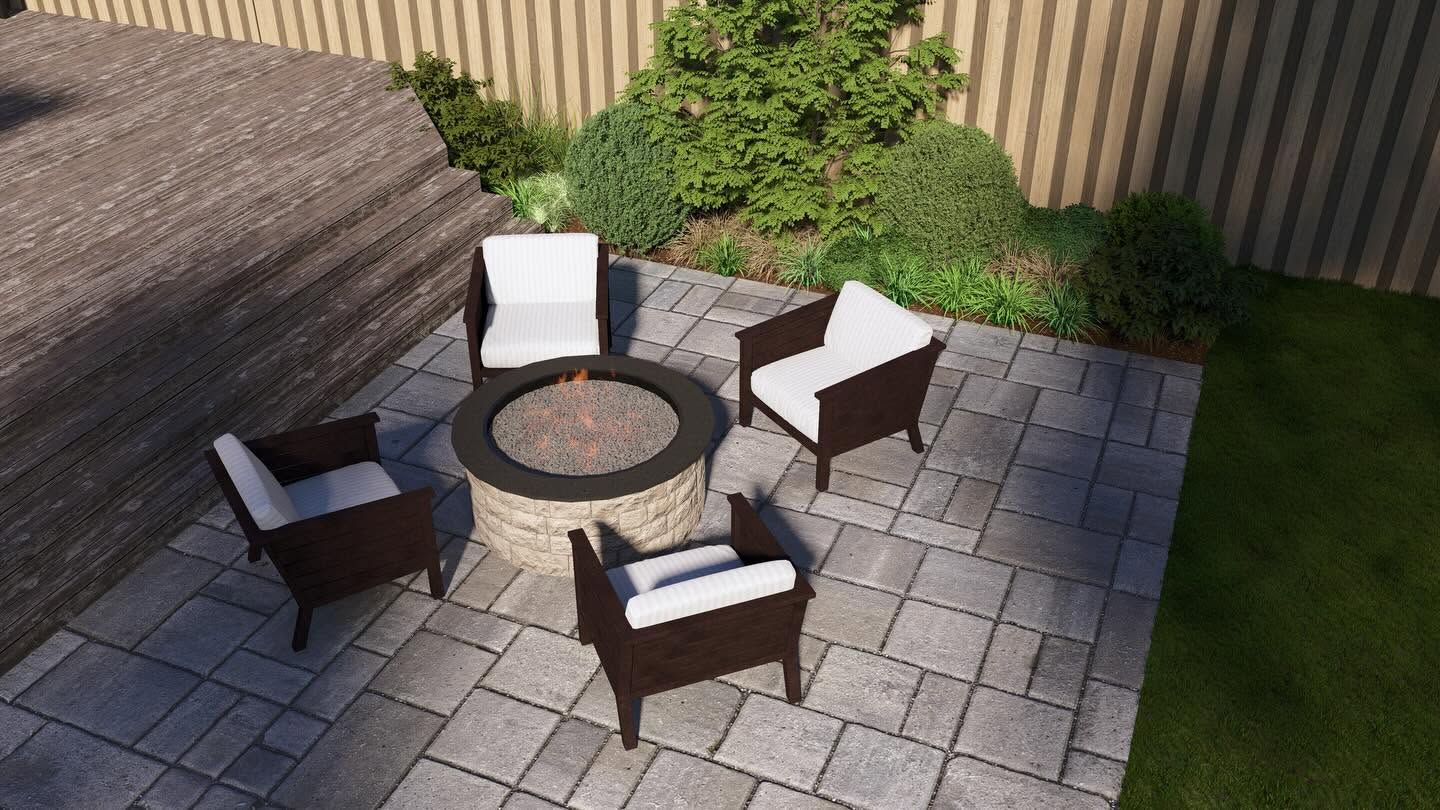 Paver fire-pit lounge with seating and an evergreen backdrop